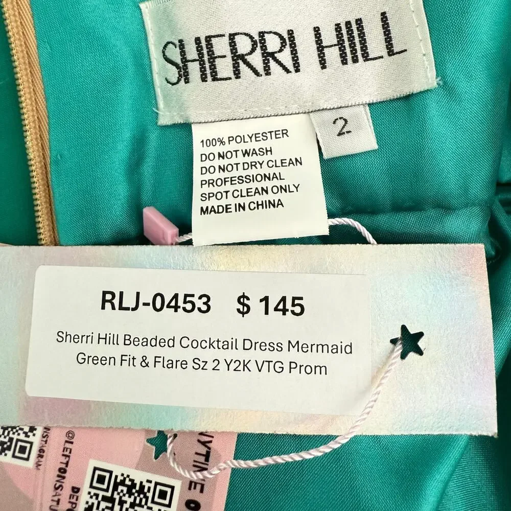 Sherri Hill Beaded Cocktail Dress Mermaid Green Fit & Flare Sz 2 Y2K VTG Prom